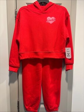Xersion Girls Red Fleece Hoodie and Jogger Set with Heart 'Sports' Graphic